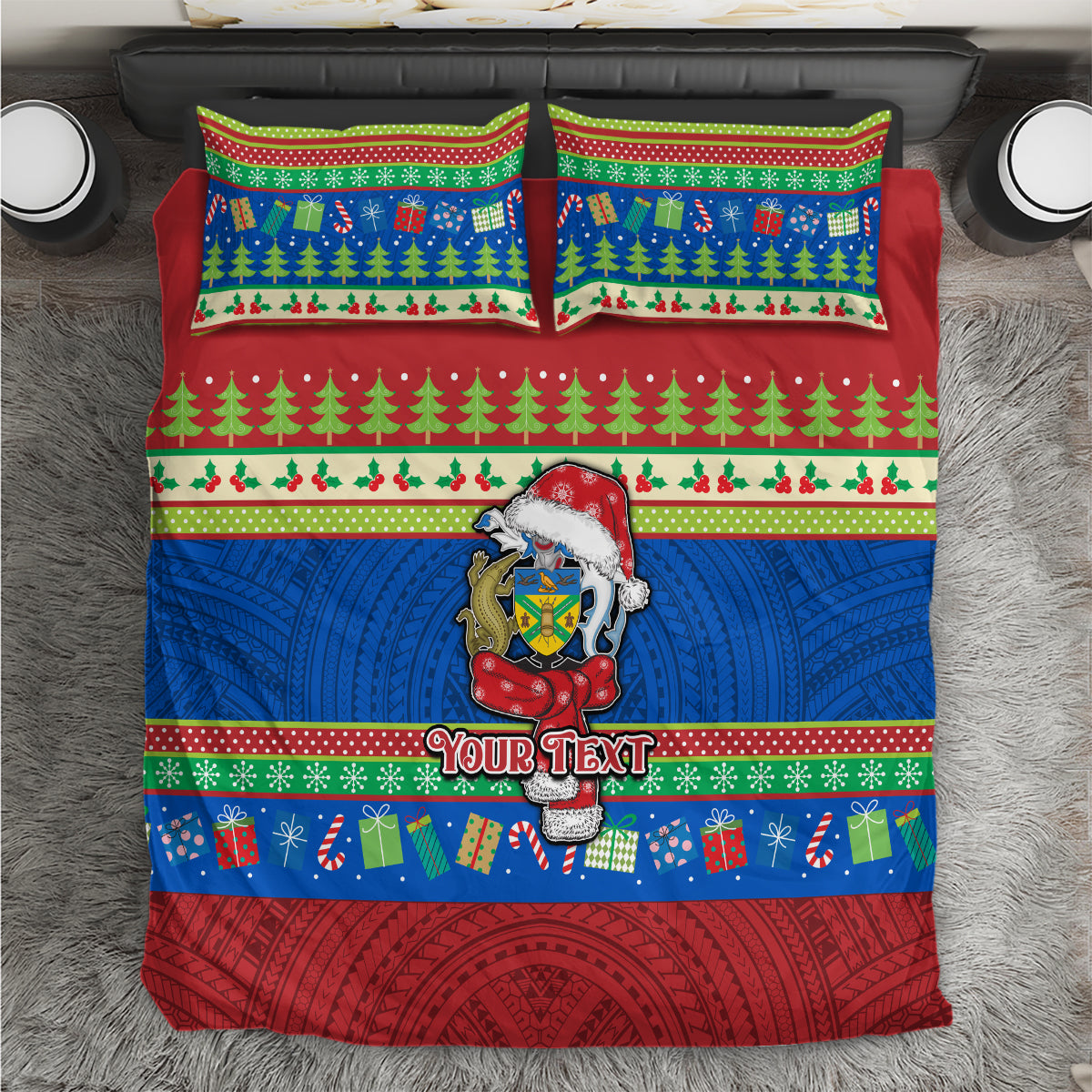 Personalised Solomon Islands Christmas Bedding Set Santa With Flag Of Solomon Polynesian Tribal Xmas Vibe LT03 Blue - Polynesian Pride