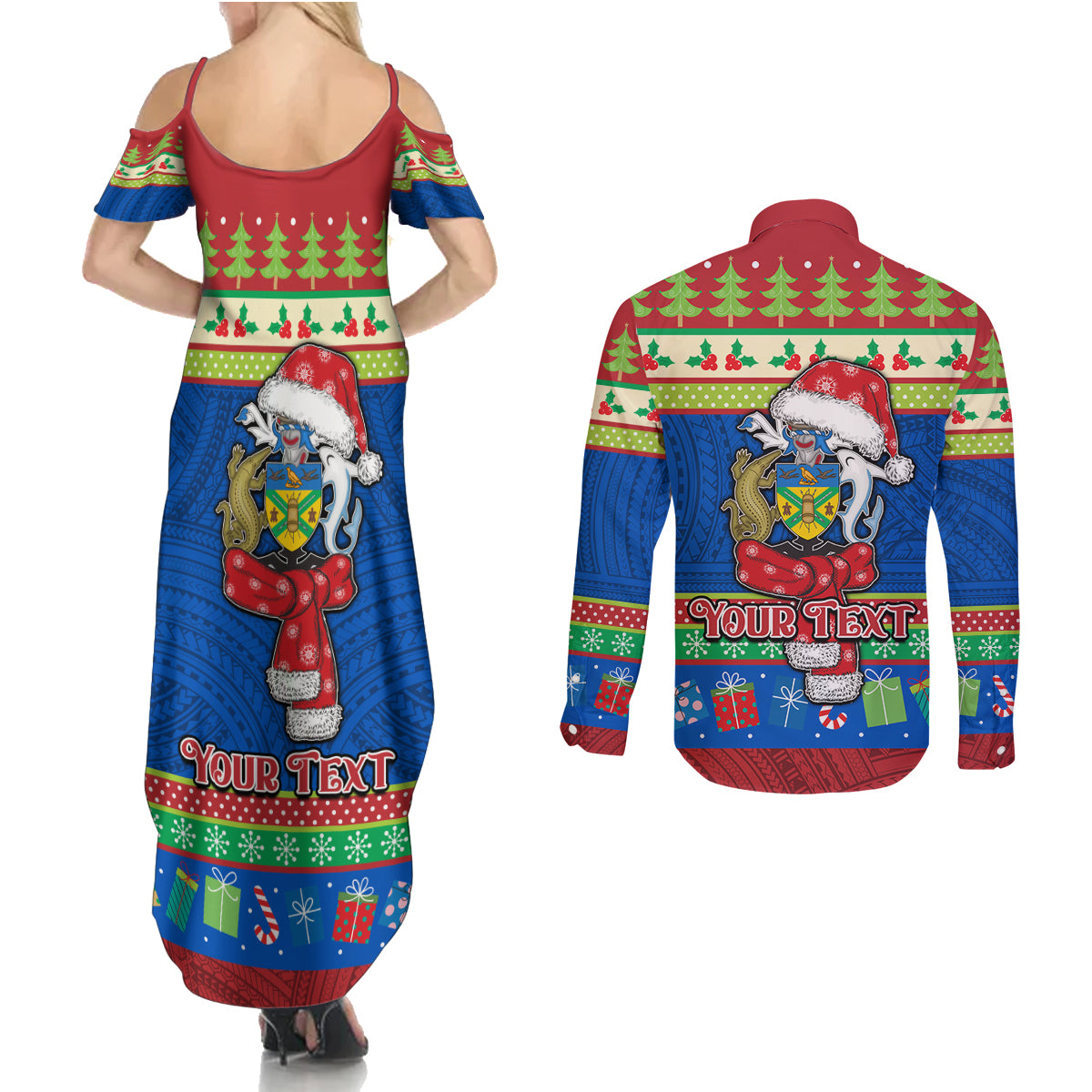 Personalised Solomon Islands Christmas Couples Matching Summer Maxi Dress and Long Sleeve Button Shirt Santa With Flag Of Solomon Polynesian Tribal Xmas Vibe LT03 - Polynesian Pride