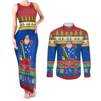 Personalised Solomon Islands Christmas Couples Matching Tank Maxi Dress and Long Sleeve Button Shirt Santa With Flag Of Solomon Polynesian Tribal Xmas Vibe LT03 Blue - Polynesian Pride
