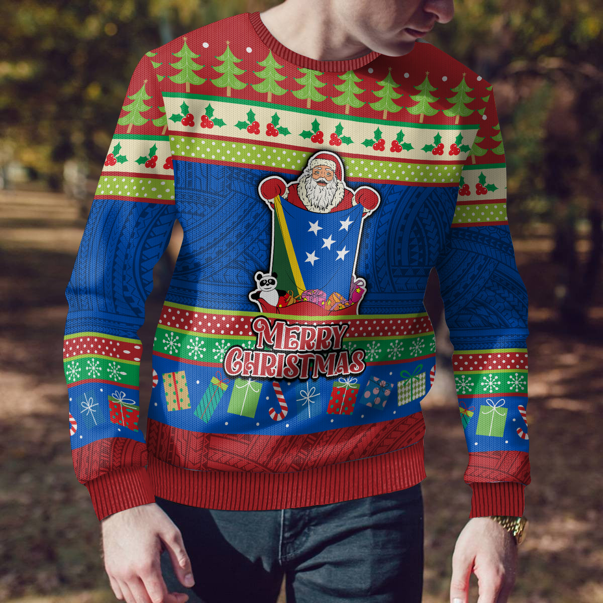 Personalised Solomon Islands Christmas Ugly Christmas Sweater Santa With Flag Of Solomon Polynesian Tribal Xmas Vibe LT03 - Polynesian Pride