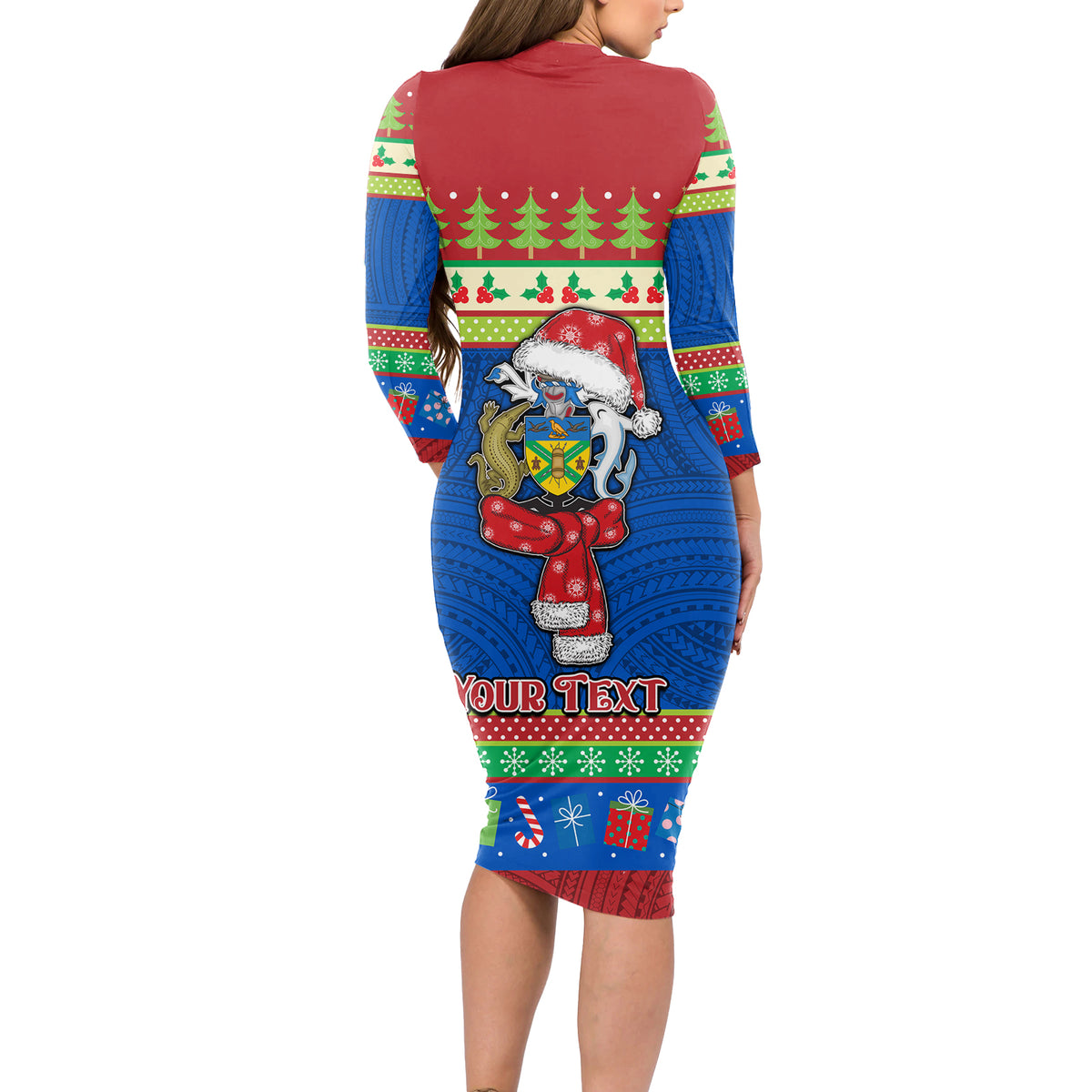 Personalised Solomon Islands Christmas Long Sleeve Bodycon Dress Santa With Flag Of Solomon Polynesian Tribal Xmas Vibe LT03 - Polynesian Pride