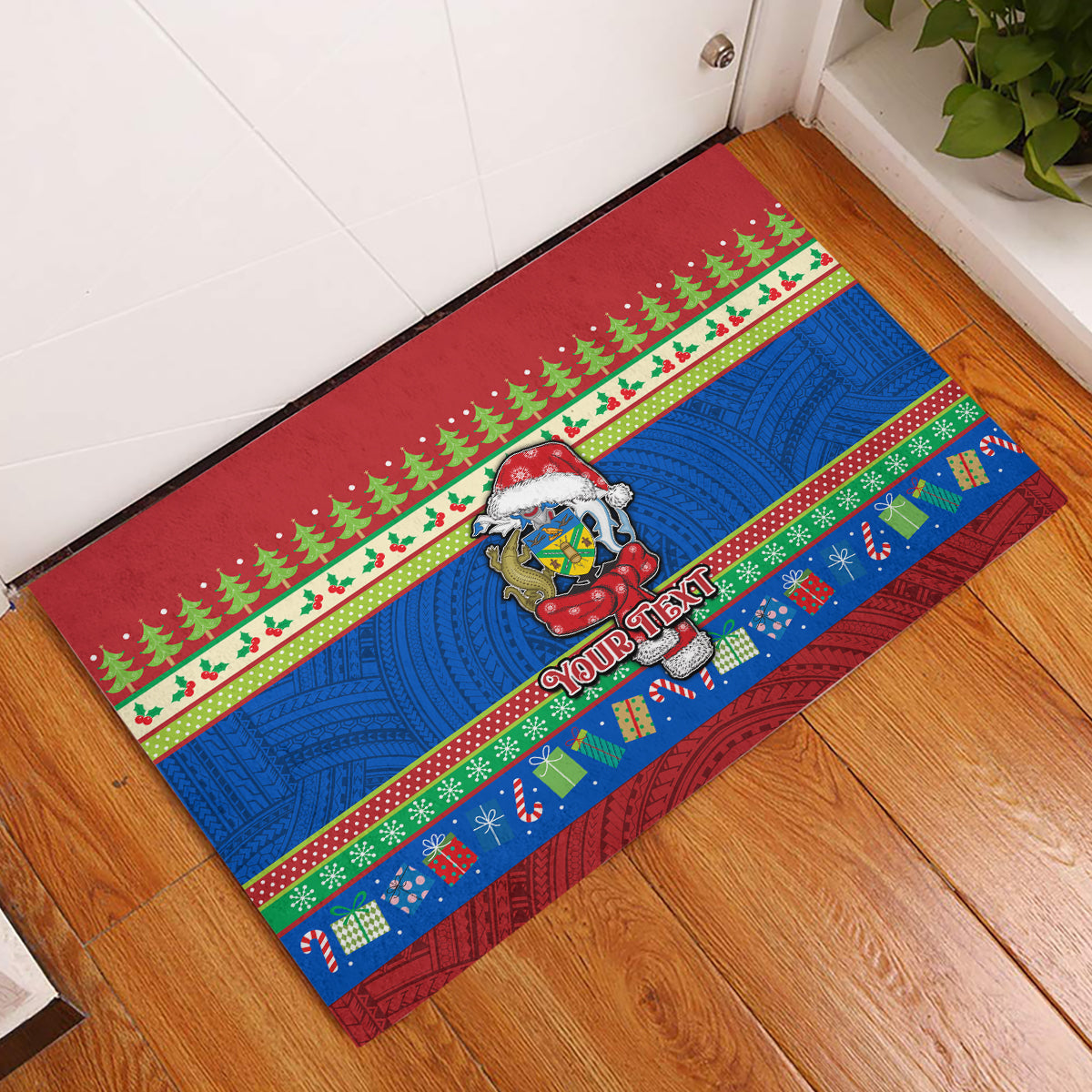 Personalised Solomon Islands Christmas Rubber Doormat Santa With Flag Of Solomon Polynesian Tribal Xmas Vibe LT03 Blue - Polynesian Pride