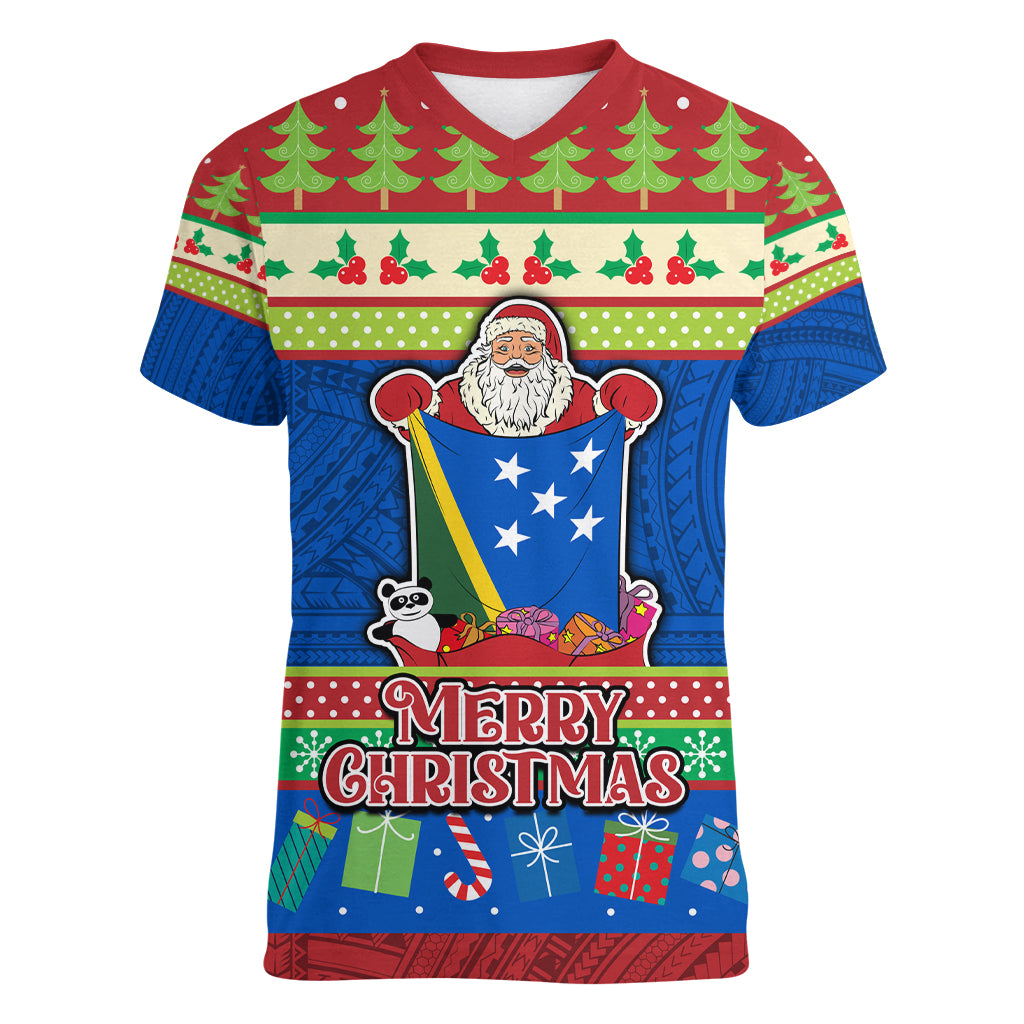 Personalised Solomon Islands Christmas Women V Neck T Shirt Santa With Flag Of Solomon Polynesian Tribal Xmas Vibe LT03 Female Blue - Polynesian Pride