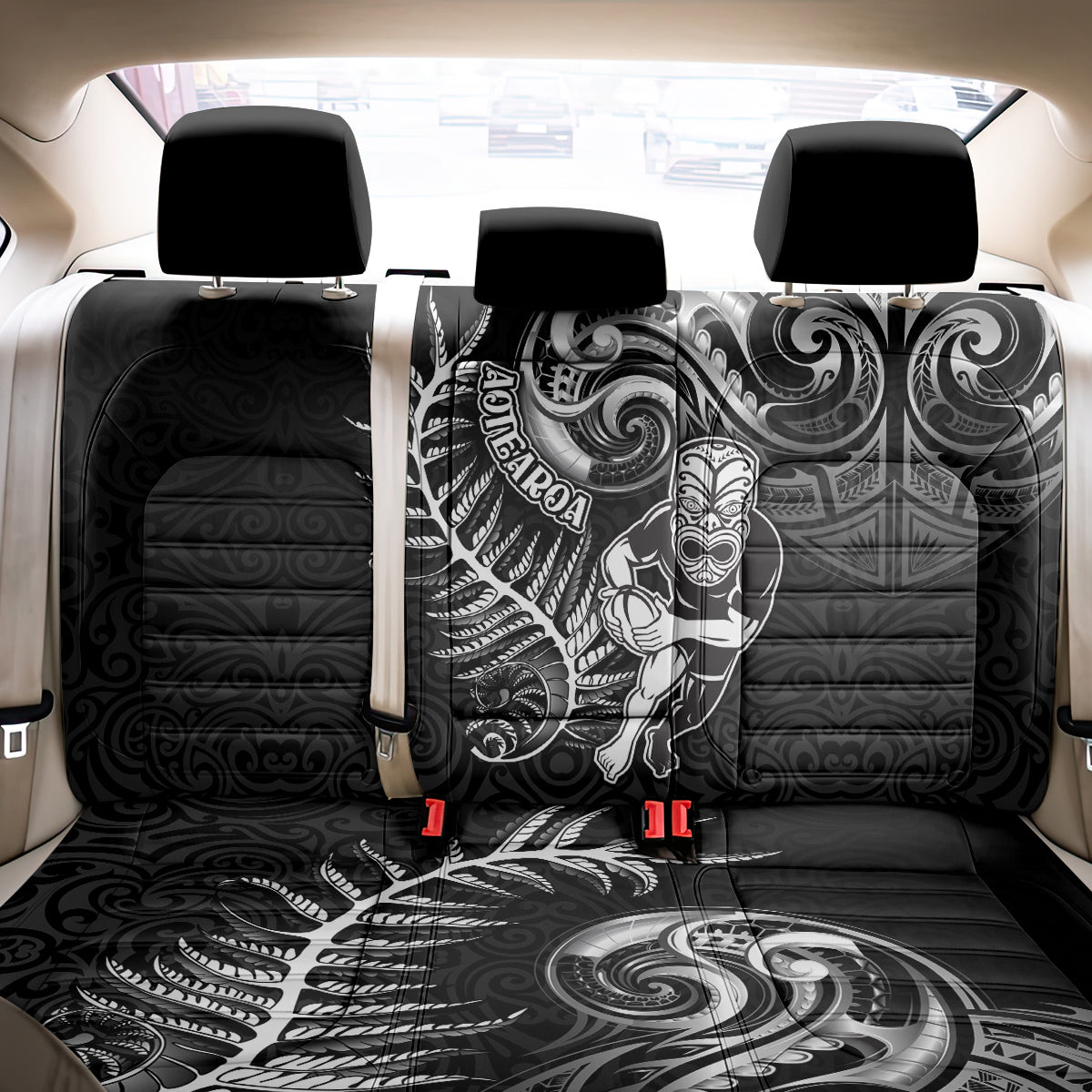 New Zealand Rugby Back Car Seat Cover Maori Warrior Rugby with Silver Fern Sleeve Tribal Ethnic Style