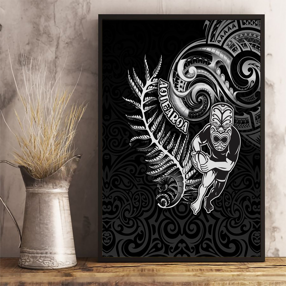 New Zealand Rugby Canvas Wall Art Maori Warrior Rugby with Silver Fern Sleeve Tribal Ethnic Style LT03 - Polynesian Pride