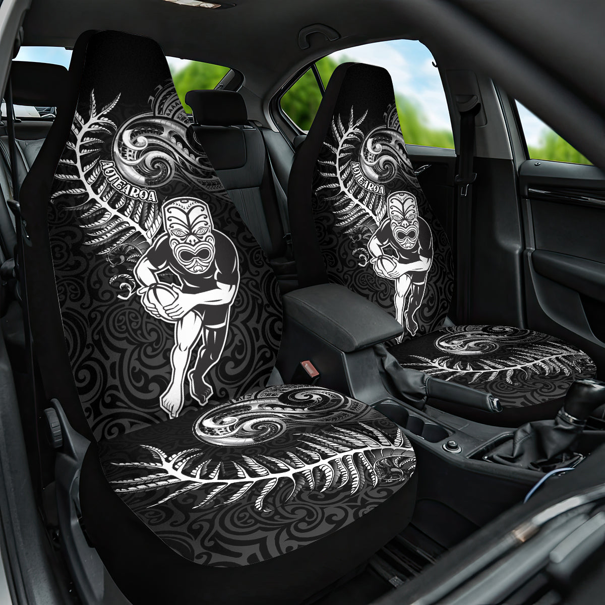 New Zealand Rugby Car Seat Cover Maori Warrior Rugby with Silver Fern Sleeve Tribal Ethnic Style LT03 One Size Black - Polynesian Pride