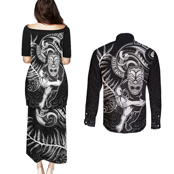 Aotearoa New Zealand Couples Matching Puletasi Dress and Long Sleeve Button Shirts Silver Fern and Matau with Maori Tribal Turquoise Style LT03 main image 1