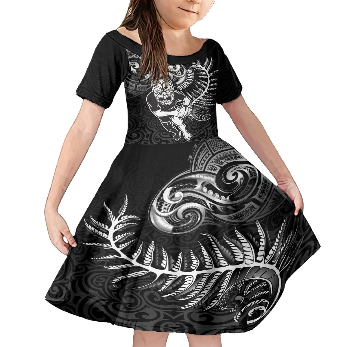 New Zealand Rugby Family Matching Summer Maxi Dress and Hawaiian Shirt Maori Warrior Rugby with Silver Fern Sleeve Tribal Ethnic Style LT03 Daughter's Dress Black - Polynesian Pride