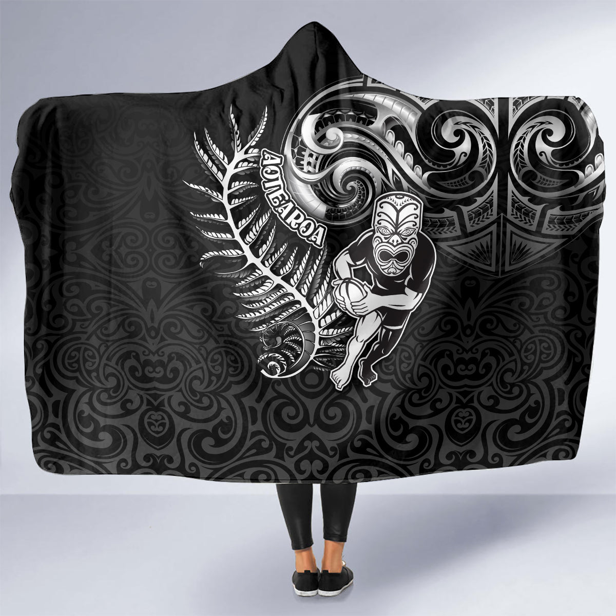 New Zealand Rugby Hooded Blanket Maori Warrior Rugby with Silver Fern Sleeve Tribal Ethnic Style LT03 - Polynesian Pride