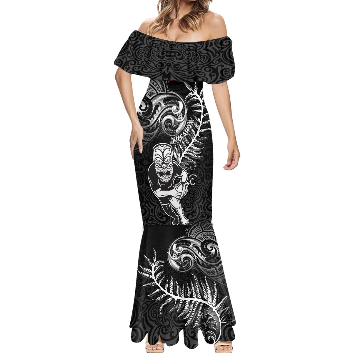 New Zealand Rugby Mermaid Dress Maori Warrior Rugby with Silver Fern Sleeve Tribal Ethnic Style LT03 - Polynesian Pride