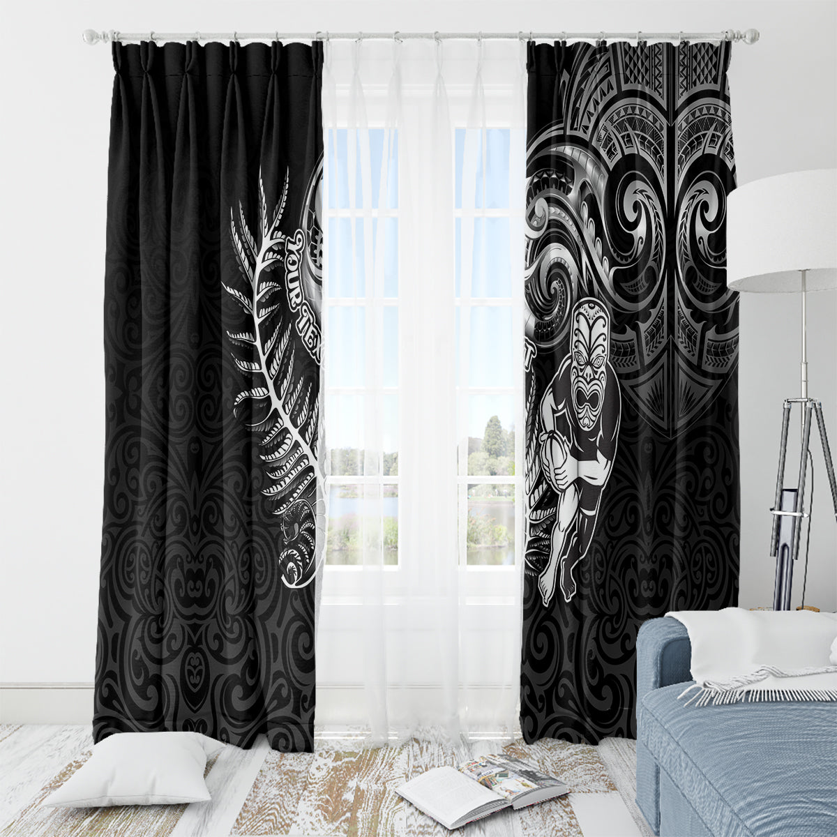 Personalised New Zealand Rugby Window Curtain Maori Warrior Rugby with Silver Fern Sleeve Tribal Ethnic Style LT03 - Polynesian Pride