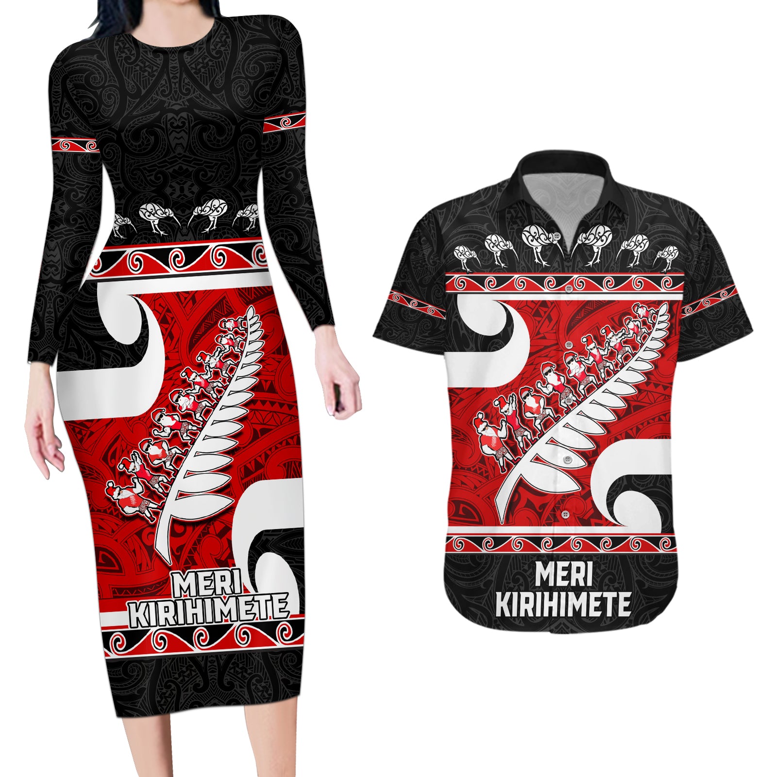 Personalized New Zealand Christmas Couples Matching Long Sleeve Bodycon Dress and Hawaiian Shirt Santa Haka Fern and Kiwi Bird Tino Rangatiratanga Maori Flag Style LT03 Black - Polynesian Pride