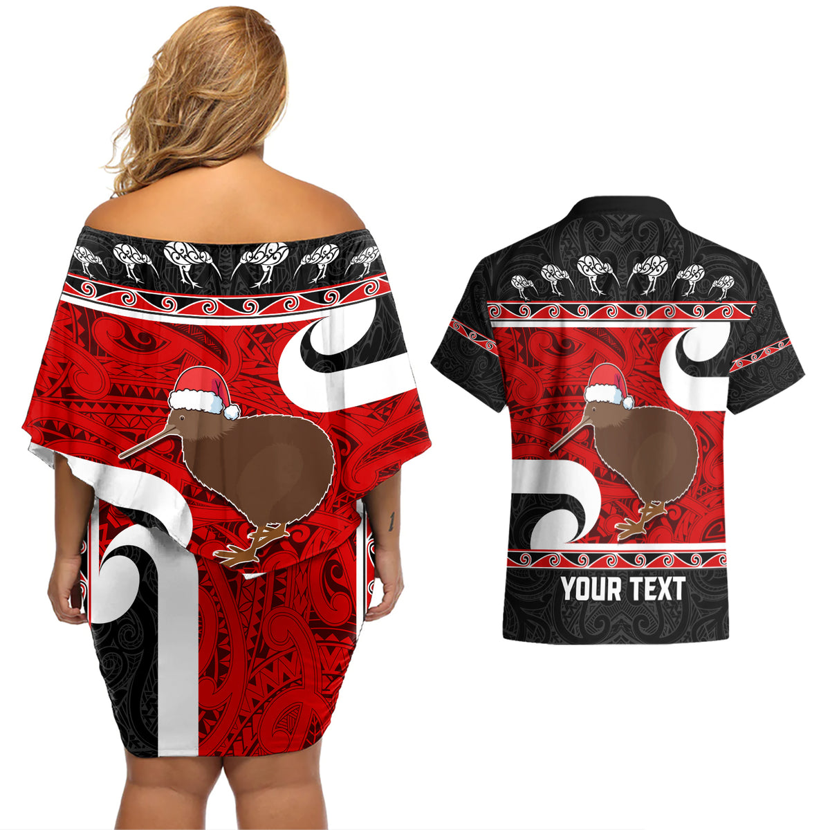 Personalized New Zealand Christmas Couples Matching Off Shoulder Short Dress and Hawaiian Shirt Santa Haka Fern and Kiwi Bird Tino Rangatiratanga Maori Flag Style LT03 - Polynesian Pride