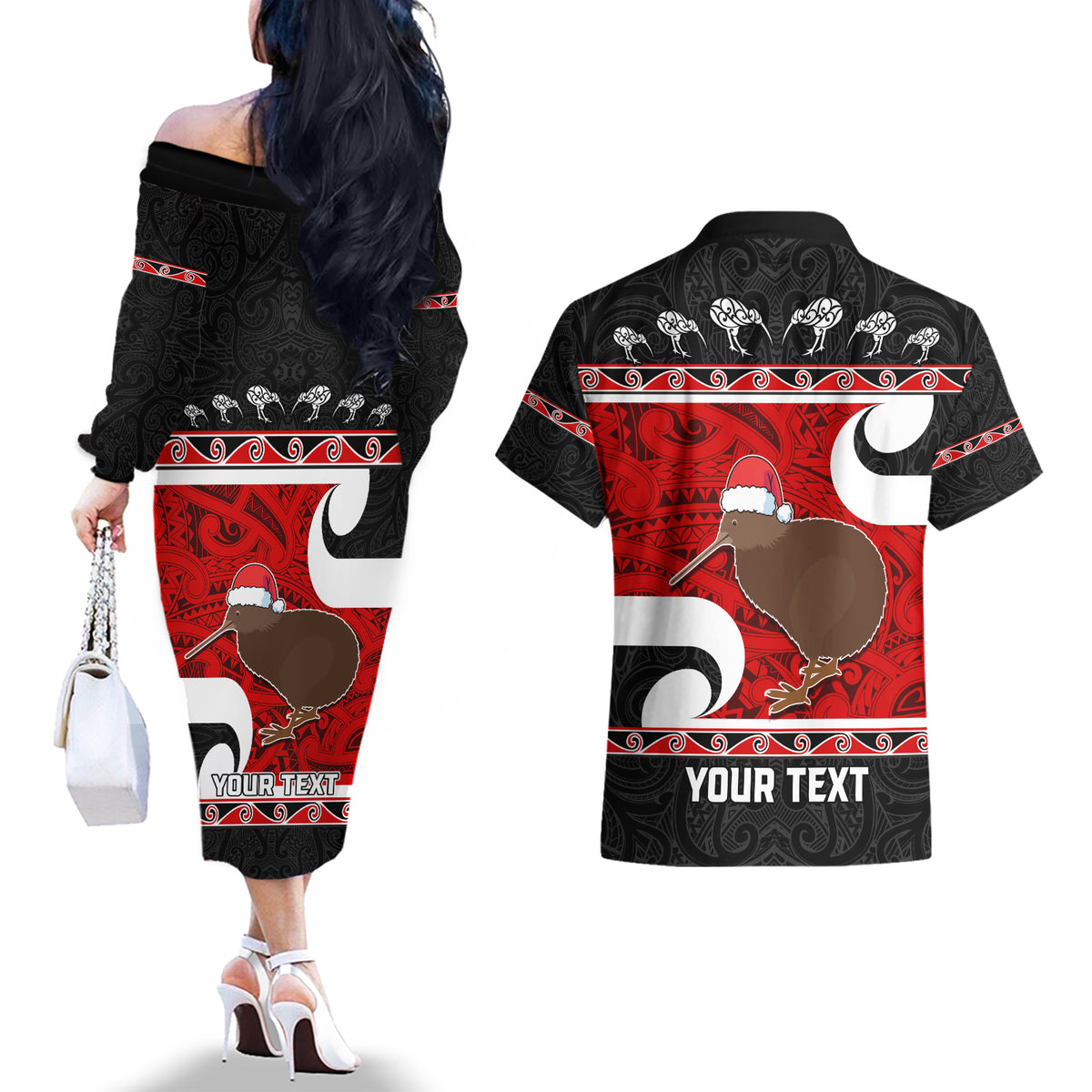Personalized New Zealand Christmas Couples Matching Off The Shoulder Long Sleeve Dress and Hawaiian Shirt Santa Haka Fern and Kiwi Bird Tino Rangatiratanga Maori Flag Style LT03 - Polynesian Pride