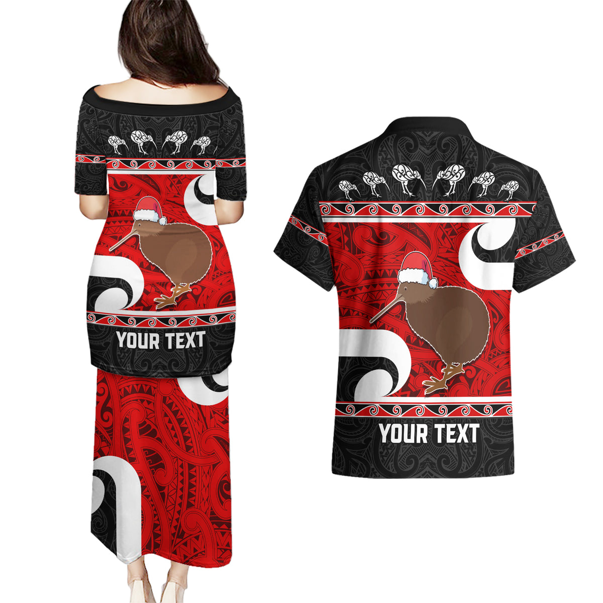 Personalized New Zealand Christmas Couples Matching Puletasi Dress and Hawaiian Shirt Santa Haka Fern and Kiwi Bird Tino Rangatiratanga Maori Flag Style LT03 - Polynesian Pride