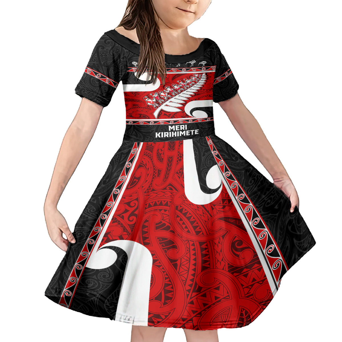 Personalized New Zealand Christmas Family Matching Puletasi Dress and Hawaiian Shirt Santa Haka Fern and Kiwi Bird Tino Rangatiratanga Maori Flag Style LT03 Daughter's Dress Black - Polynesian Pride
