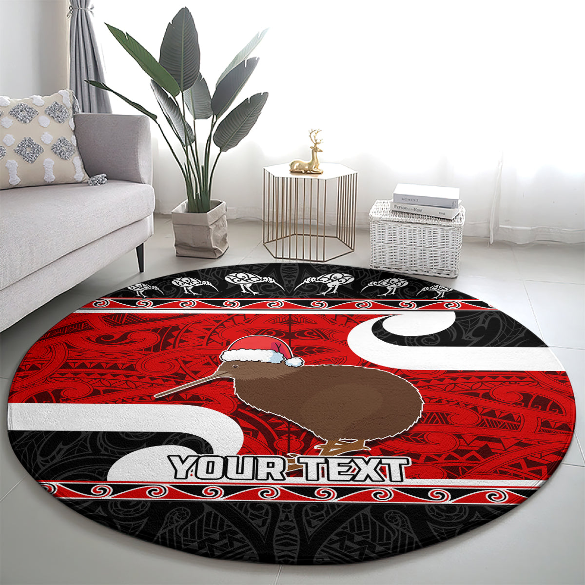Personalized New Zealand Christmas Round Carpet Santa Haka Fern and Kiwi Bird Tino Rangatiratanga Maori Flag Style LT03 - Polynesian Pride
