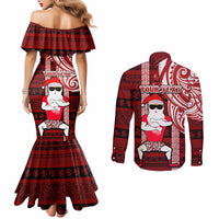Personalized New Zealand Christmas Couples Matching Mermaid Dress and Long Sleeve Button Shirt Santa Claus and Kiwi Bird Maori Tattoo Koru Pattern LT03 - Polynesian Pride