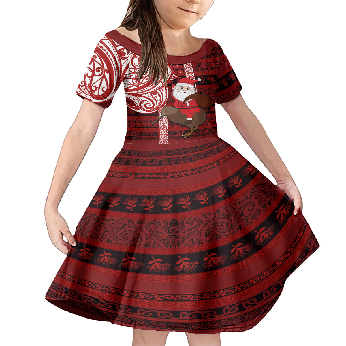 Personalized New Zealand Christmas Family Matching Off Shoulder Long Sleeve Dress and Hawaiian Shirt Santa Claus and Kiwi Bird Maori Tattoo Koru Pattern LT03 Daughter's Dress Red - Polynesian Pride
