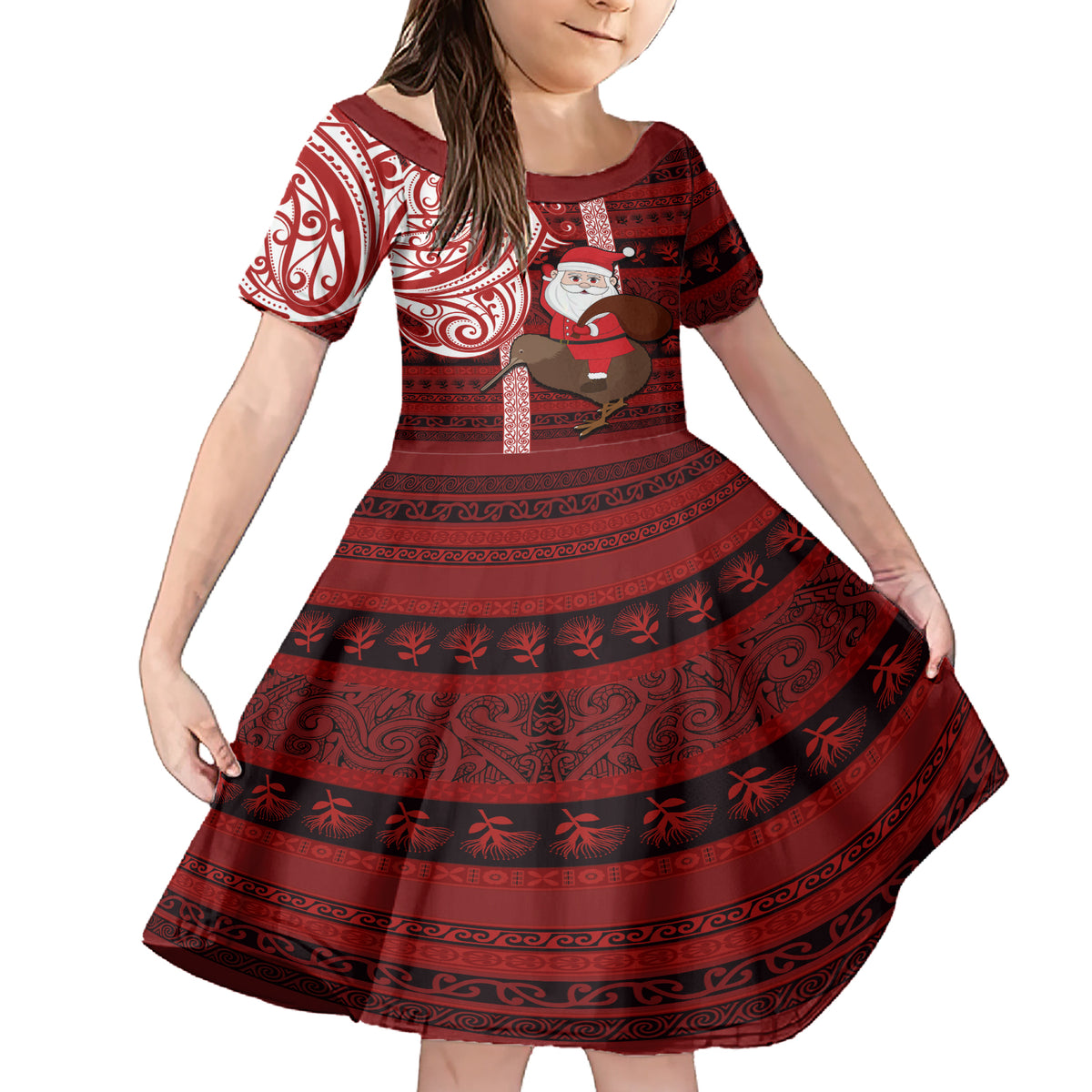 Personalized New Zealand Christmas Family Matching Short Sleeve Bodycon Dress and Hawaiian Shirt Santa Claus and Kiwi Bird Maori Tattoo Koru Pattern LT03 Daughter's Dress Red - Polynesian Pride