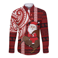 Personalized New Zealand Christmas Long Sleeve Button Shirt Santa Claus and Kiwi Bird Maori Tattoo Koru Pattern LT03 Unisex Red - Polynesian Pride