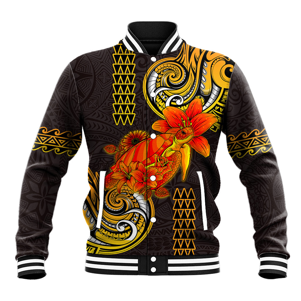 Hawaii Turtle Hibiscus Flower Baseball Jacket Polynesian Tattoo LT03 Unisex Black - Polynesian Pride