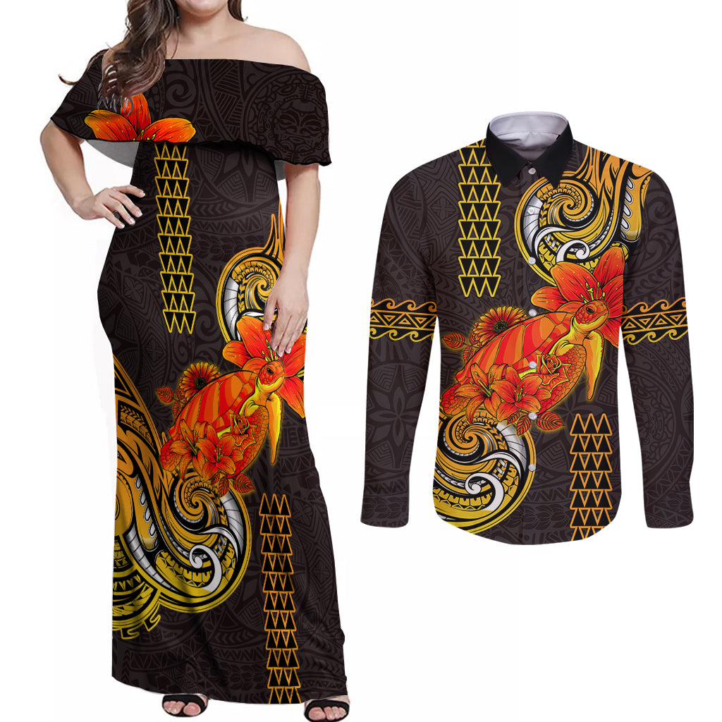 Hawaii Turtle Hibiscus Flower Couples Matching Off Shoulder Maxi Dress and Long Sleeve Button Shirt Polynesian Tattoo LT03 Black - Polynesian Pride
