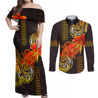 Hawaii Turtle Hibiscus Flower Couples Matching Off Shoulder Maxi Dress and Long Sleeve Button Shirt Polynesian Tattoo LT03 Black - Polynesian Pride