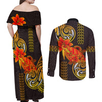 Hawaii Turtle Hibiscus Flower Couples Matching Off Shoulder Maxi Dress and Long Sleeve Button Shirt Polynesian Tattoo LT03 - Polynesian Pride