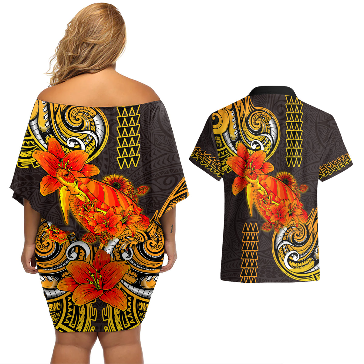 Hawaii Turtle Hibiscus Flower Couples Matching Off Shoulder Short Dress and Hawaiian Shirt Polynesian Tattoo LT03 - Polynesian Pride