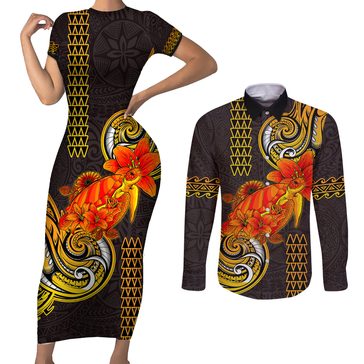 Hawaii Turtle Hibiscus Flower Couples Matching Short Sleeve Bodycon Dress and Long Sleeve Button Shirt Polynesian Tattoo LT03 Black - Polynesian Pride