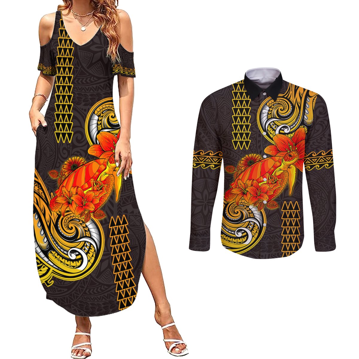 Hawaii Turtle Hibiscus Flower Couples Matching Summer Maxi Dress and Long Sleeve Button Shirt Polynesian Tattoo LT03 Black - Polynesian Pride