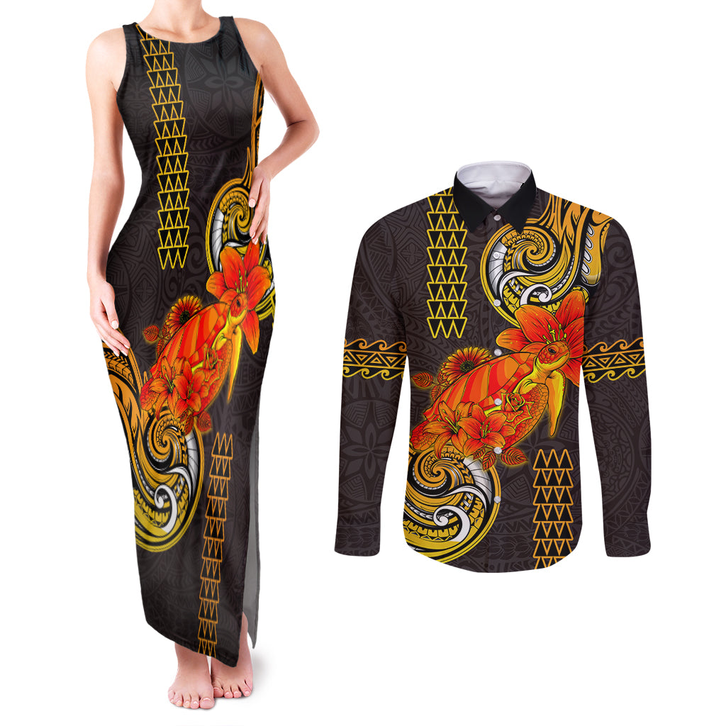 Hawaii Turtle Hibiscus Flower Couples Matching Tank Maxi Dress and Long Sleeve Button Shirt Polynesian Tattoo LT03 Black - Polynesian Pride