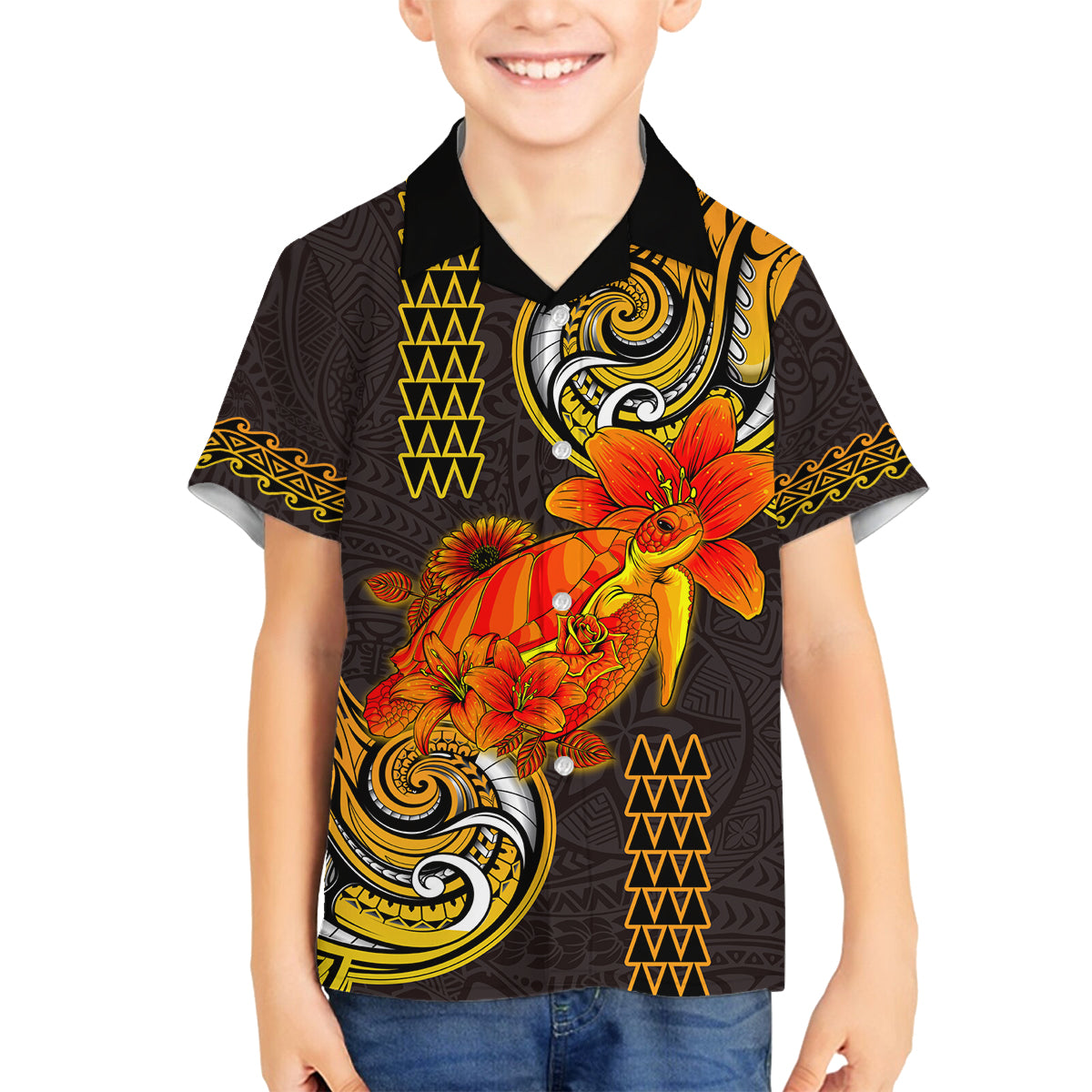 Hawaii Turtle Hibiscus Flower Family Matching Off Shoulder Maxi Dress and Hawaiian Shirt Polynesian Tattoo LT03 Son's Shirt Black - Polynesian Pride