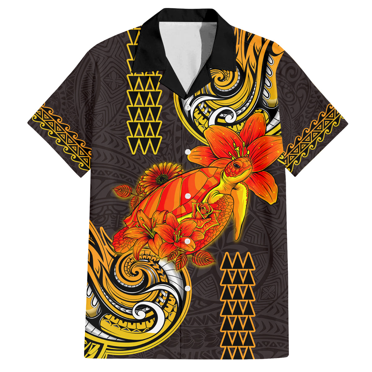 Hawaii Turtle Hibiscus Flower Family Matching Summer Maxi Dress and Hawaiian Shirt Polynesian Tattoo LT03 Dad's Shirt - Short Sleeve Black - Polynesian Pride