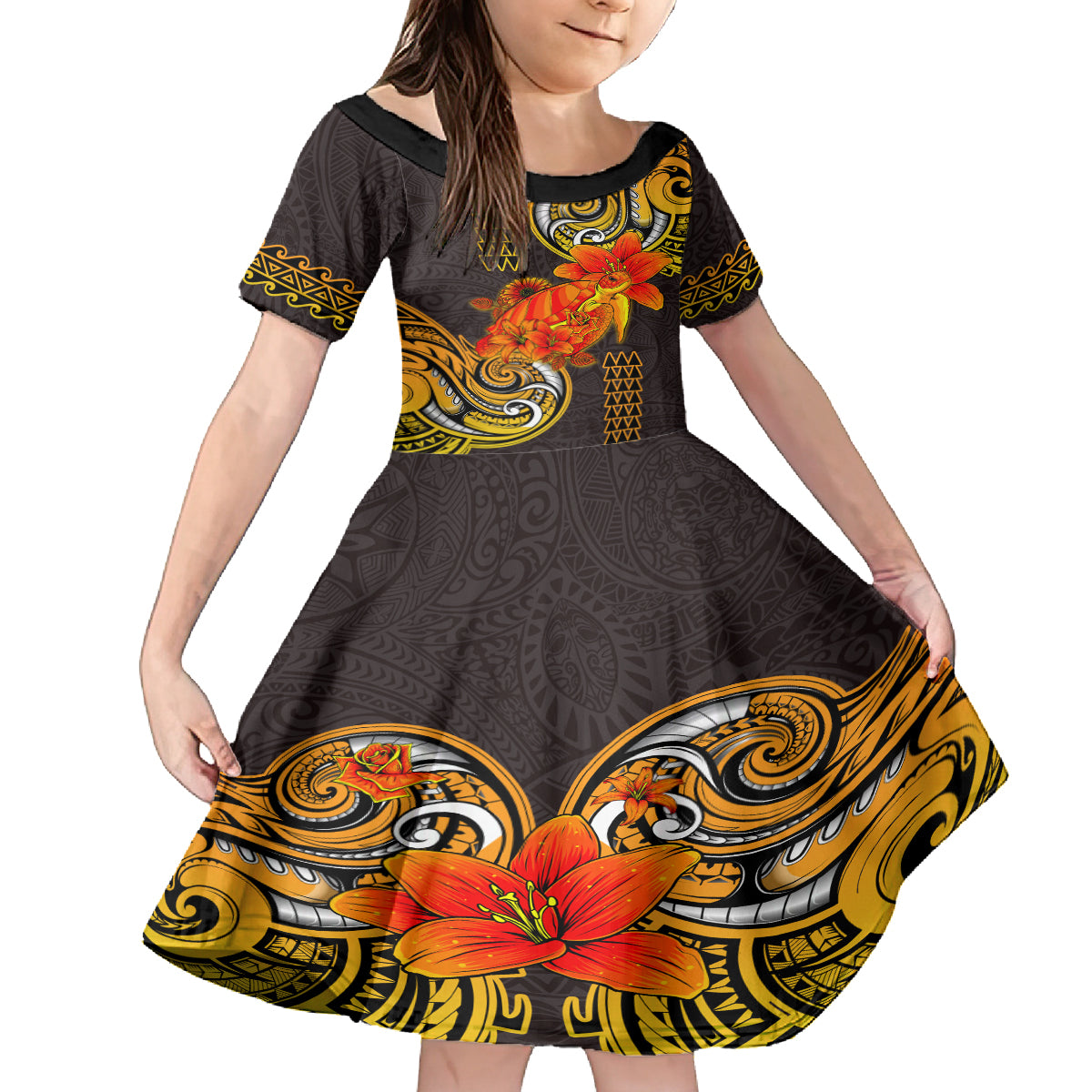 Hawaii Turtle Hibiscus Flower Kid Short Sleeve Dress Polynesian Tattoo LT03 KID Black - Polynesian Pride
