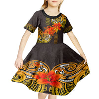 Hawaii Turtle Hibiscus Flower Kid Short Sleeve Dress Polynesian Tattoo LT03 - Polynesian Pride