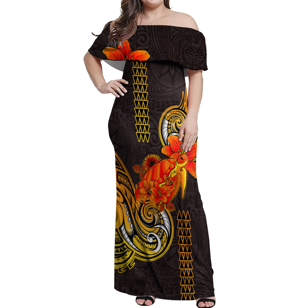 Hawaii Turtle Hibiscus Flower Off Shoulder Maxi Dress Polynesian Tattoo LT03 Women Black - Polynesian Pride
