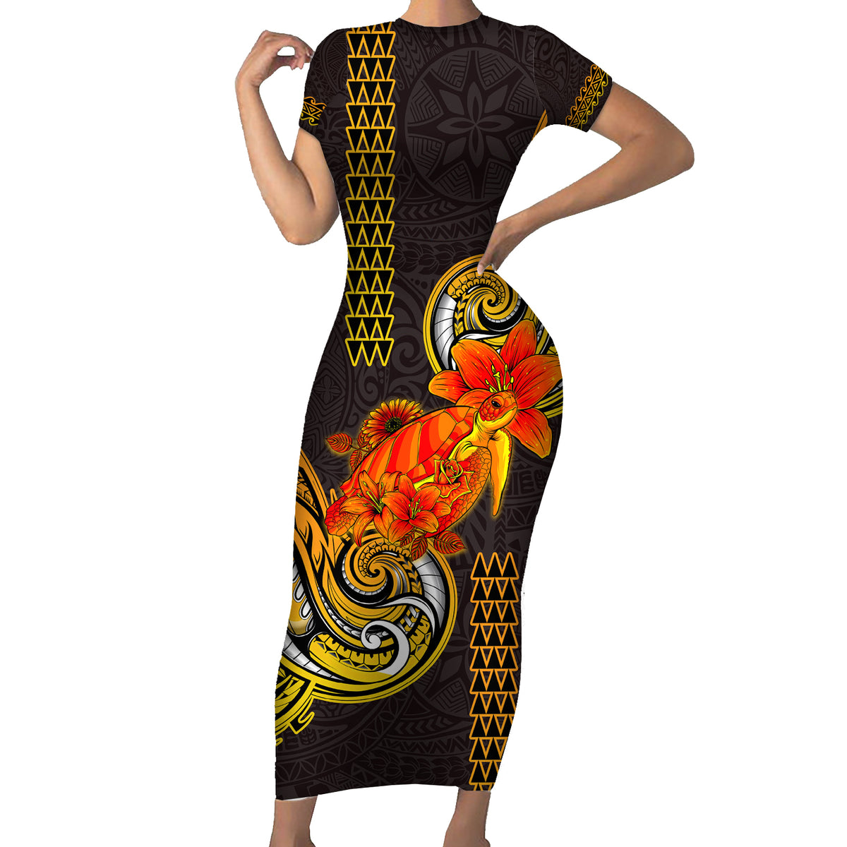 Hawaii Turtle Hibiscus Flower Short Sleeve Bodycon Dress Polynesian Tattoo LT03 Long Dress Black - Polynesian Pride