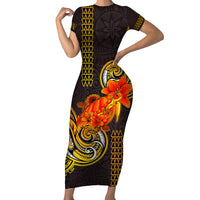 Hawaii Turtle Hibiscus Flower Short Sleeve Bodycon Dress Polynesian Tattoo LT03 Long Dress Black - Polynesian Pride