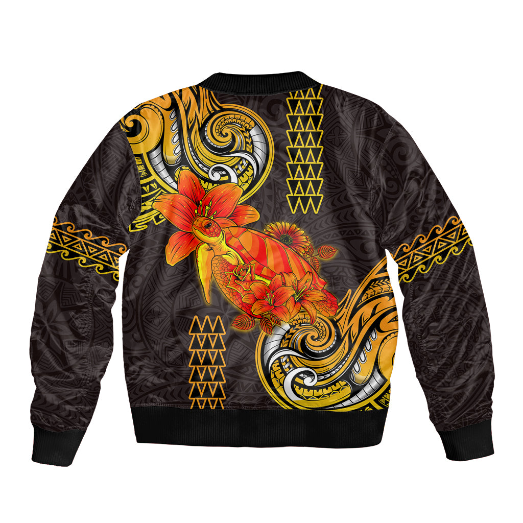 Hawaii Turtle Hibiscus Flower Sleeve Zip Bomber Jacket Polynesian Tattoo LT03 - Polynesian Pride