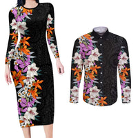 Hawaii Tropical Leaves and Flowers Couples Matching Long Sleeve Bodycon Dress and Long Sleeve Button Shirt Tribal Polynesian Pattern LT03