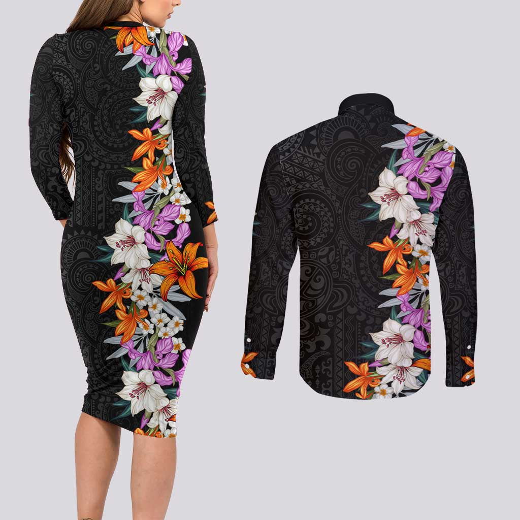 Hawaii Tropical Leaves and Flowers Couples Matching Long Sleeve Bodycon Dress and Long Sleeve Button Shirt Tribal Polynesian Pattern LT03