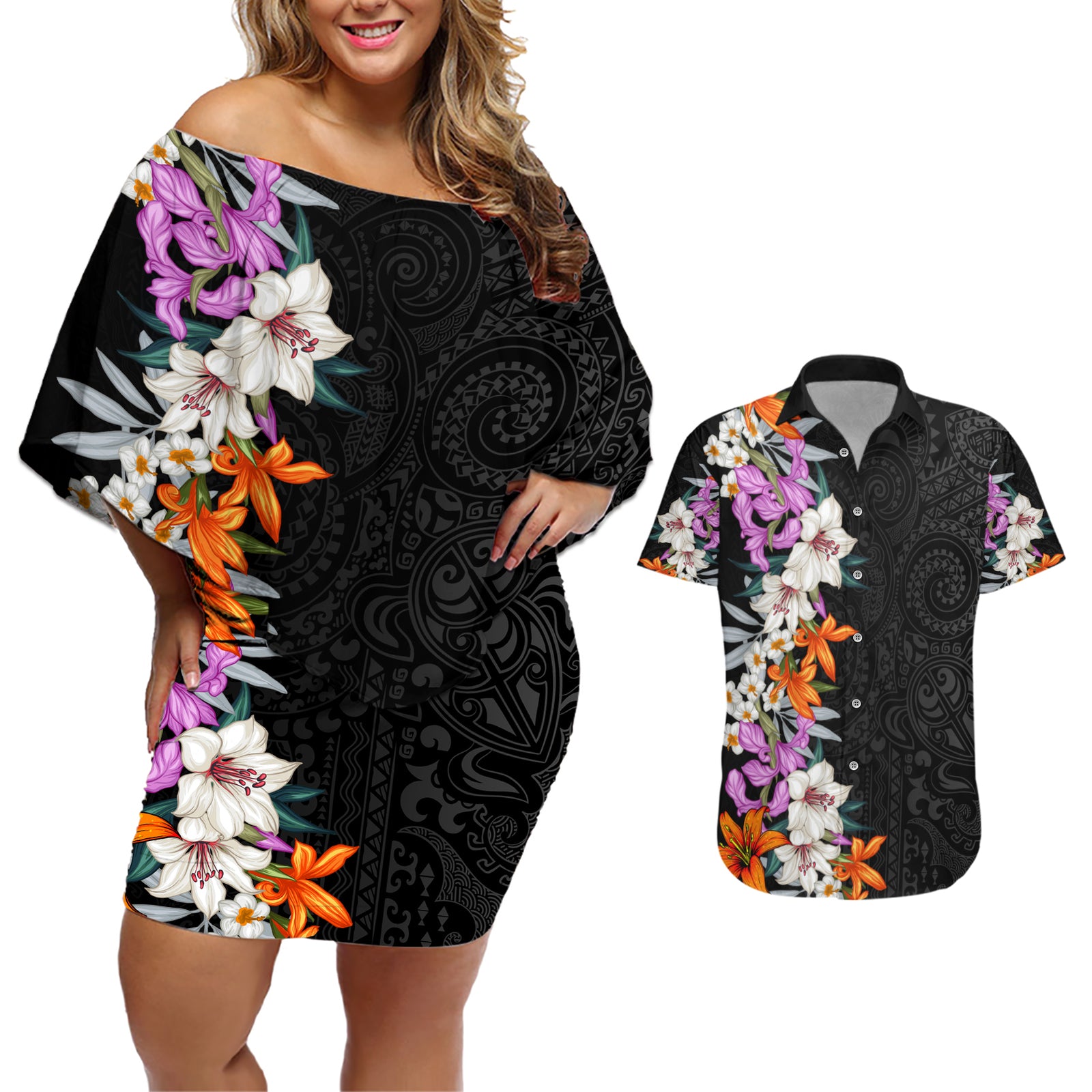 Hawaii Tropical Leaves and Flowers Couples Matching Off Shoulder Short Dress and Hawaiian Shirt Tribal Polynesian Pattern LT03 Black - Polynesian Pride