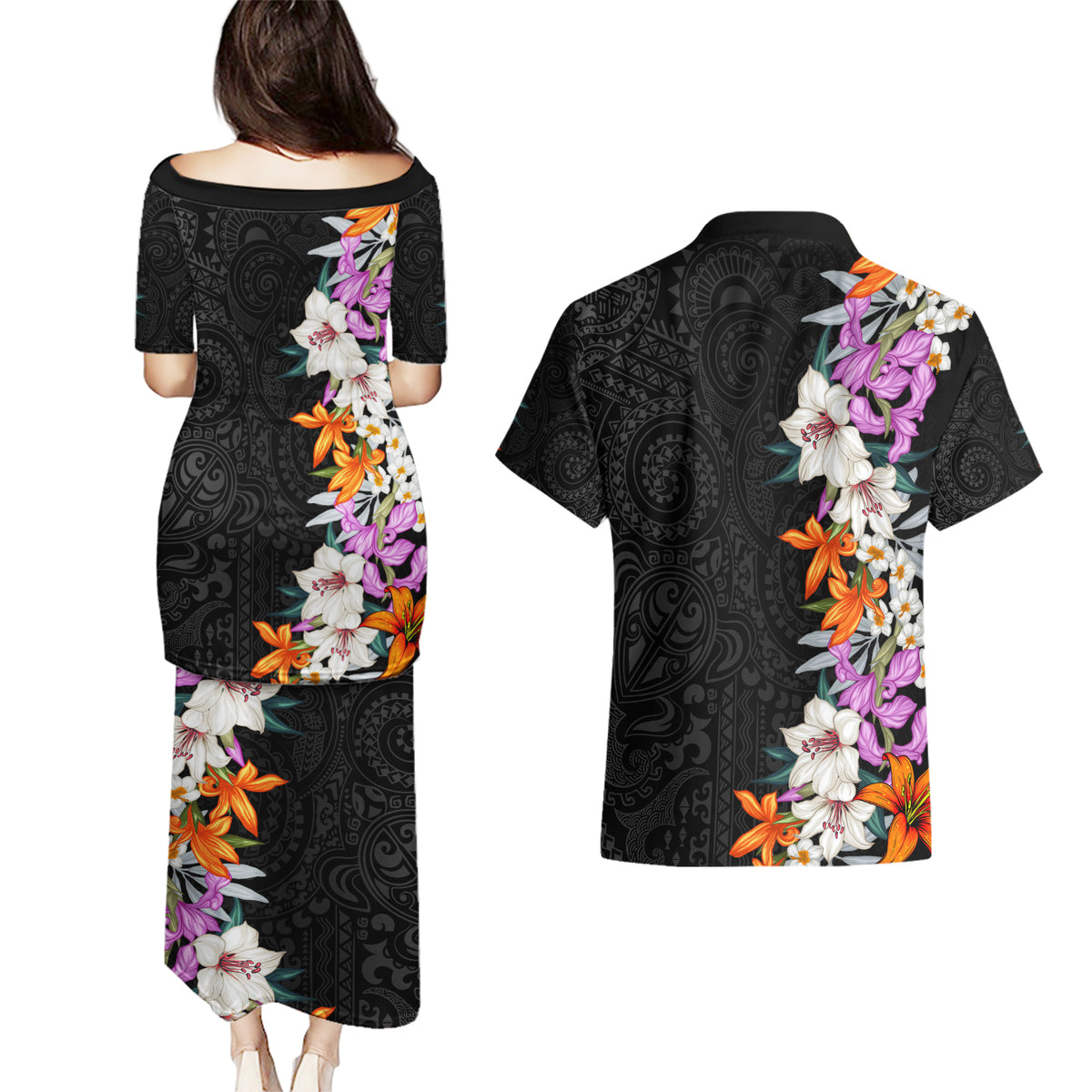 Hawaii Tropical Leaves and Flowers Couples Matching Puletasi and Hawaiian Shirt Tribal Polynesian Pattern LT03 - Polynesian Pride