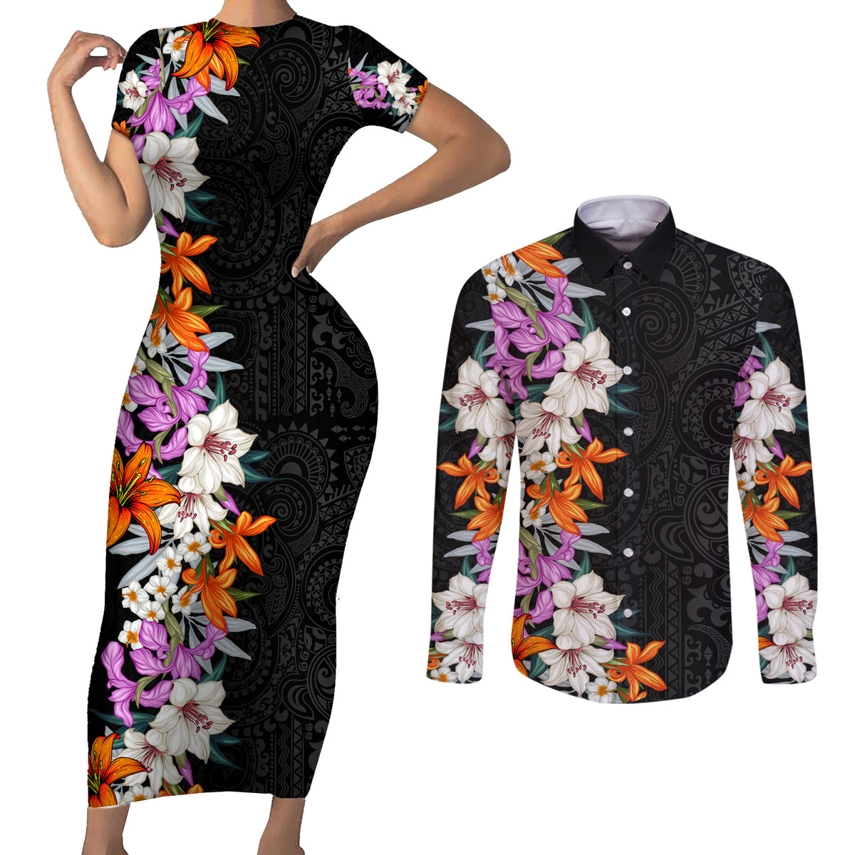 Hawaii Tropical Leaves and Flowers Couples Matching Short Sleeve Bodycon Dress and Long Sleeve Button Shirt Tribal Polynesian Pattern LT03 Black - Polynesian Pride