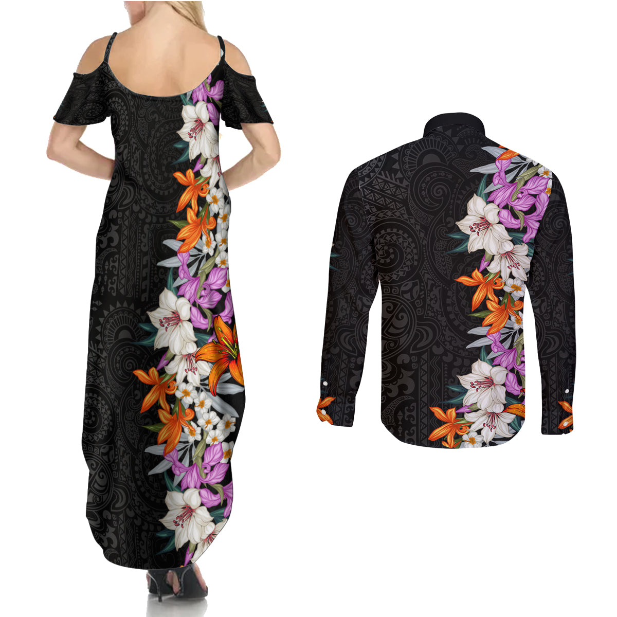 Hawaii Tropical Leaves and Flowers Couples Matching Summer Maxi Dress and Long Sleeve Button Shirt Tribal Polynesian Pattern LT03 - Polynesian Pride