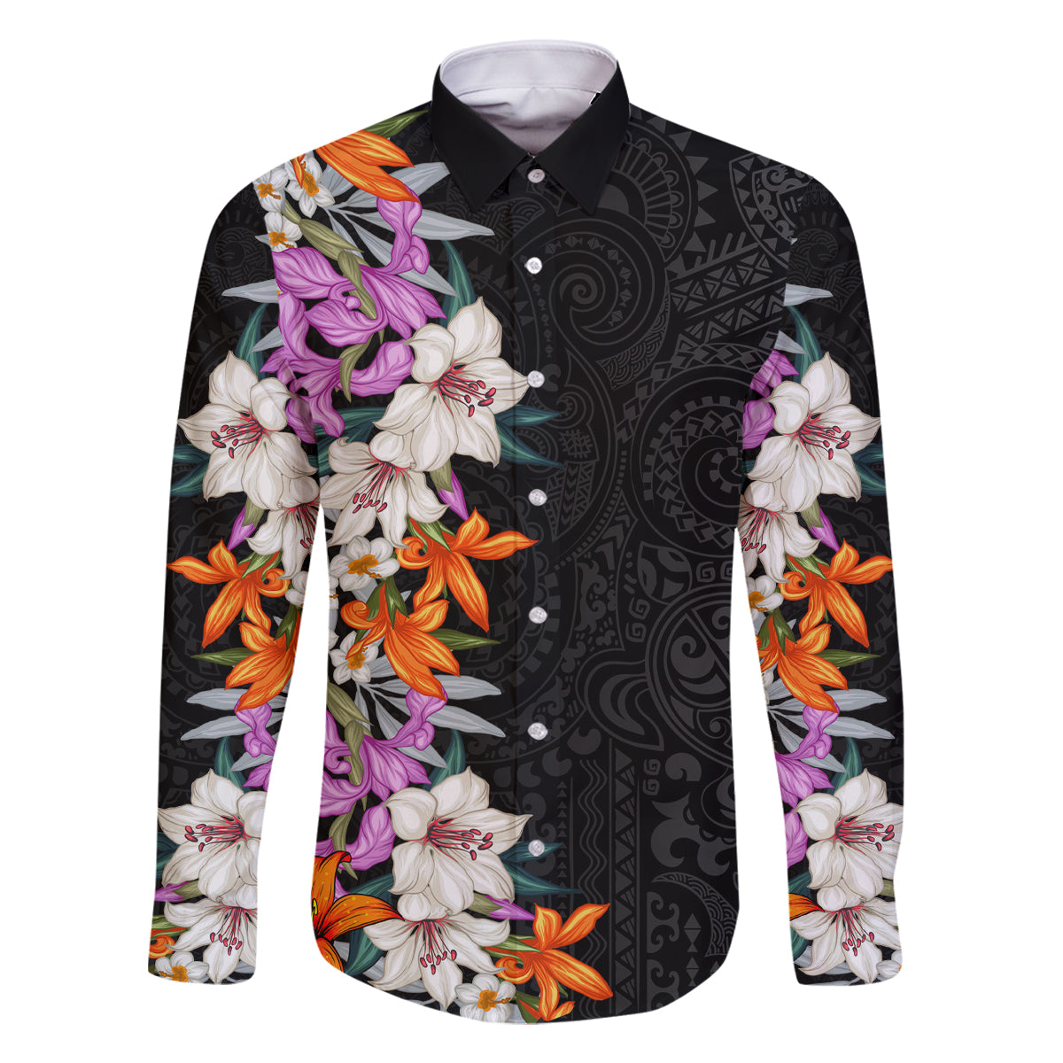 Hawaii Tropical Leaves and Flowers Family Matching Off Shoulder Long Sleeve Dress and Hawaiian Shirt Tribal Polynesian Pattern LT03 Dad's Shirt - Long Sleeve Black - Polynesian Pride