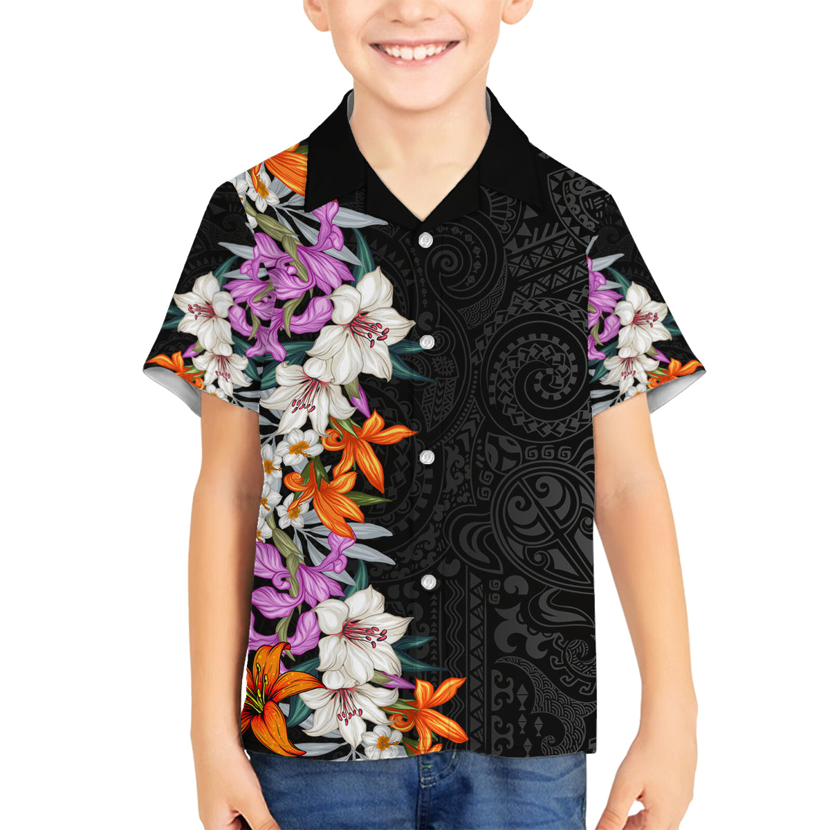 Hawaii Tropical Leaves and Flowers Family Matching Off Shoulder Long Sleeve Dress and Hawaiian Shirt Tribal Polynesian Pattern LT03 Son's Shirt Black - Polynesian Pride