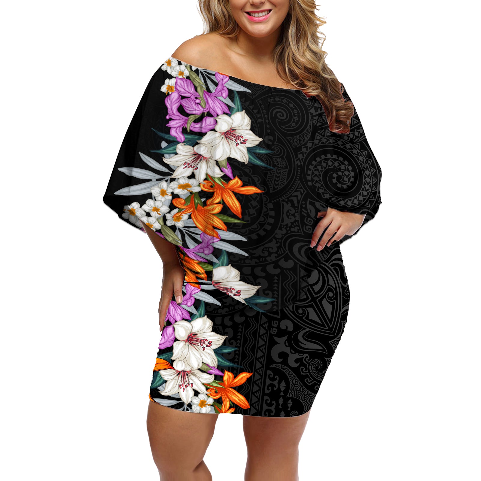 Hawaii Tropical Leaves and Flowers Off Shoulder Short Dress Tribal Polynesian Pattern LT03 Women Black - Polynesian Pride